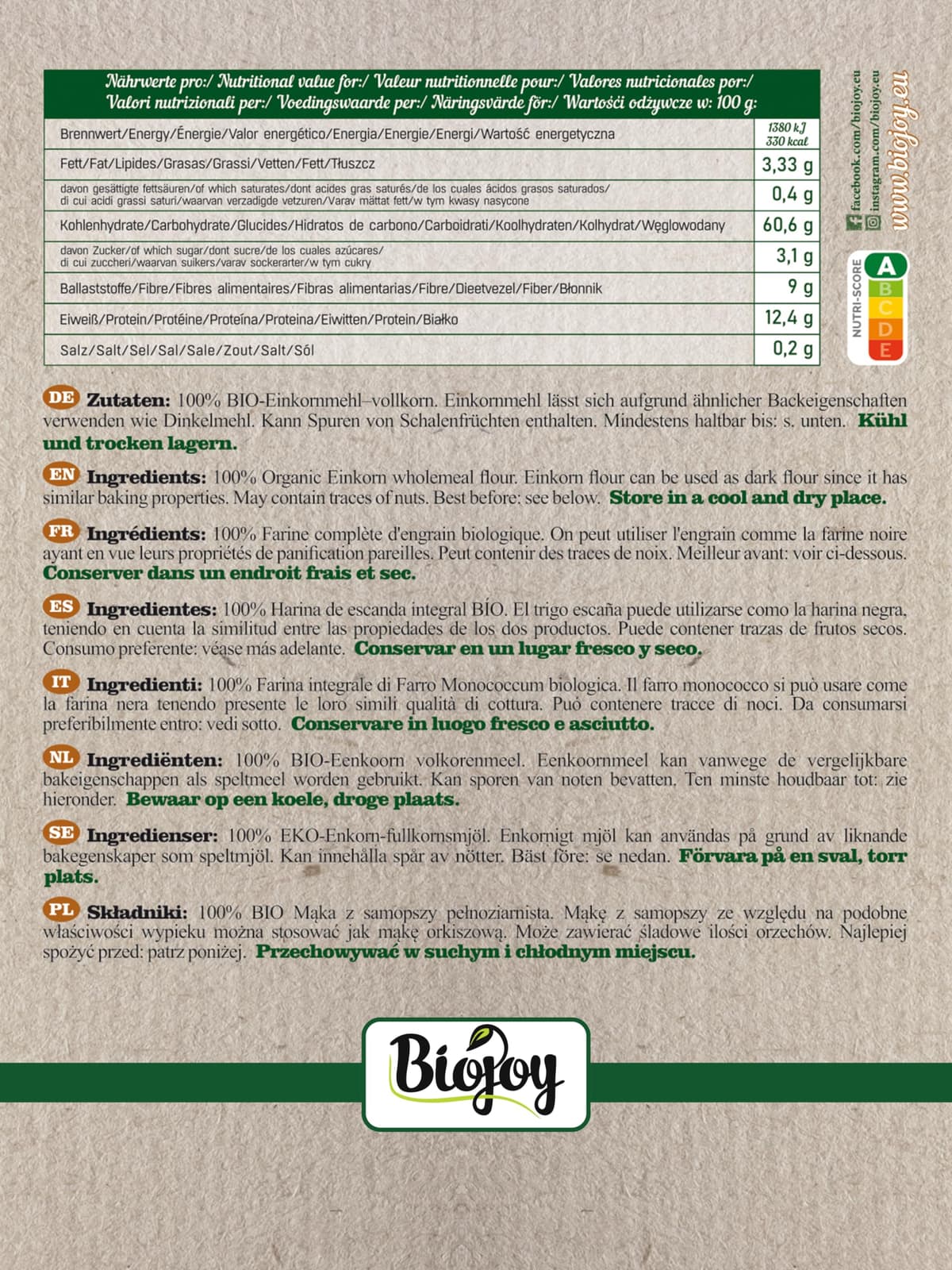 Biojoy Harina de Escanda Integral Ecológica (2 kg), Granos de Escanda molidas (Triticum monococcum) — view 2