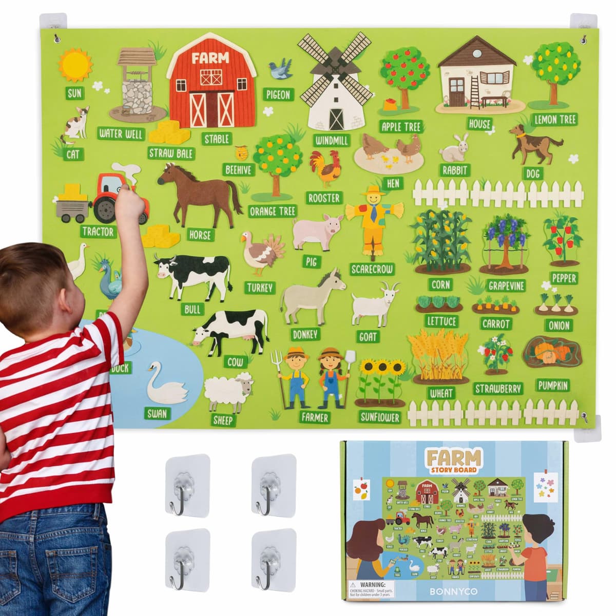 BONNYCO Felt Blackboard with 92 Animal Figures Farm Toys Montessori Children and Gifts for Children 3 to 8 Years Old. Sensory Panel Autism, Children's Educational Games, Christmas