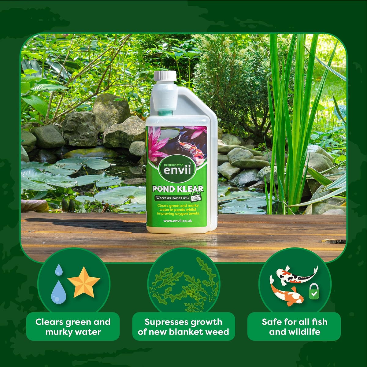 Envii Pond Klear - Natural Green Pond Water Treatment, Clears Green and Murky Water for Crystal Clear Healthy Water, Safe for all Fish and Wildlife -1L Treats 40,000 Litres — view 3