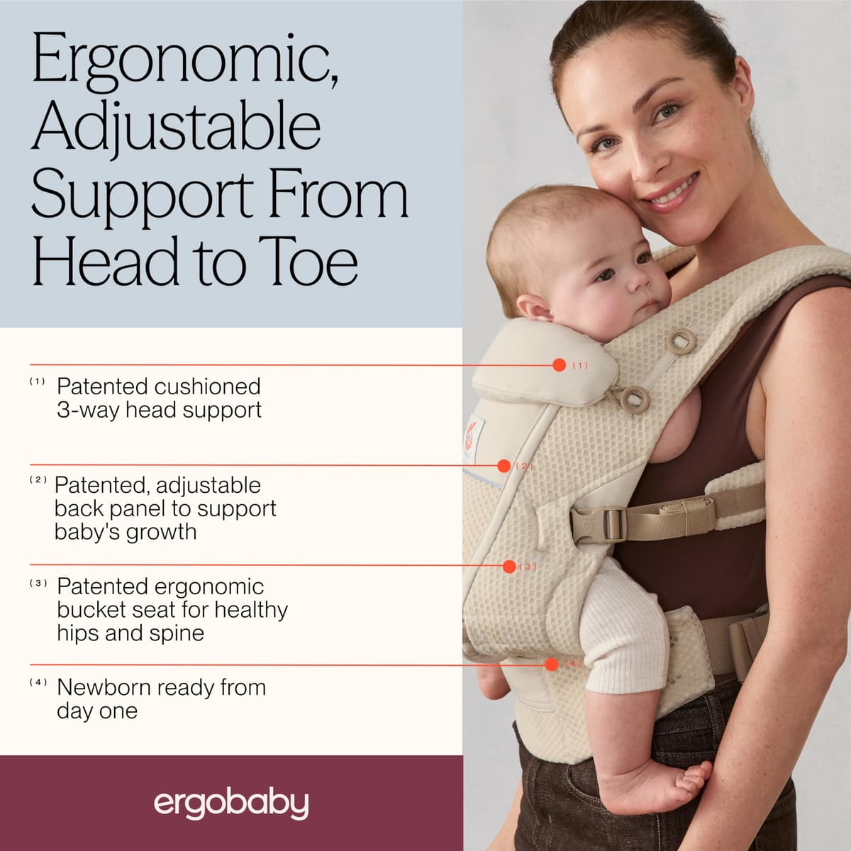Ergobaby Mochila portabebé Adapt para recién nacidos desde el nacimiento, portabebé ergonómico de malla SoftFlex de 3 posiciones para transportar en el abdomen y en la espalda, Slate Blue — view 2
