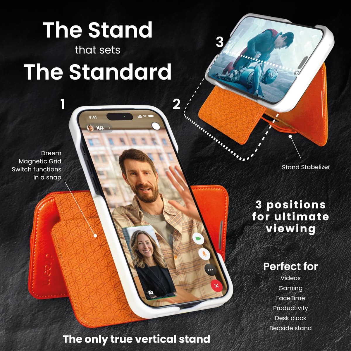 dreem Real Leather Wallet Case for iPhone 17 Pro Max, Revolutionary Vert/Hor Phone Stand, Magnetic Detachable Flip Cover RFID Blocking Card Holder, MagSafe-Fit, Gift Box [Fibonacci: Orange] — view 3