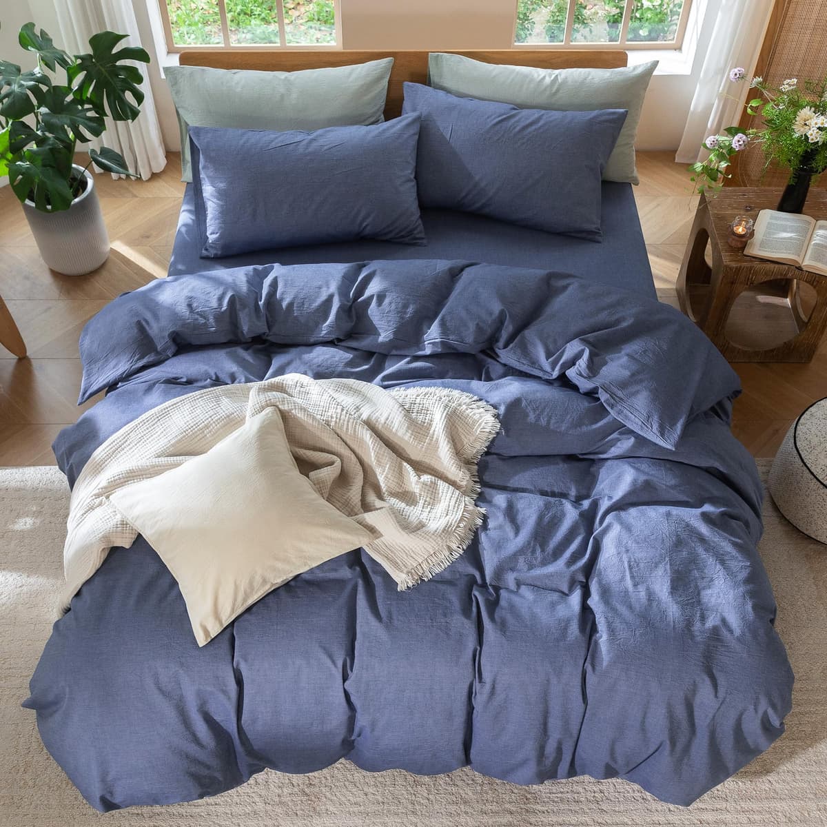 MooMee Bedding Duvet Cover Set 100% Washed Cotton Linen Like Textured Breathable Durable Soft Comfy (Tannish Linen Grey, King) — view 188