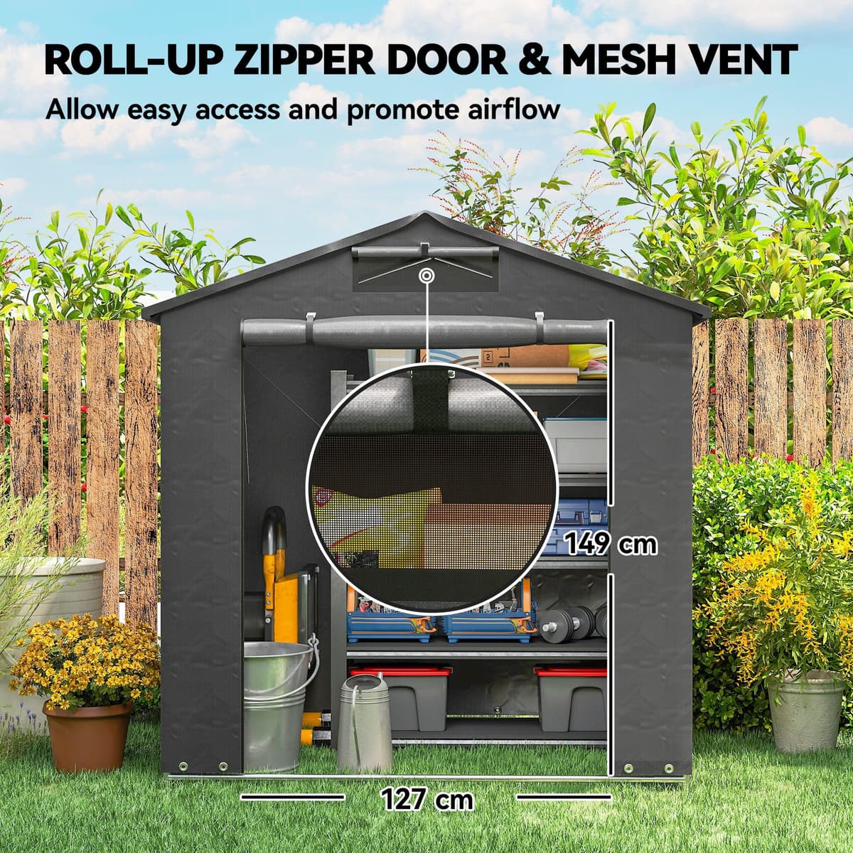 Outsunny 6 x 4 ft Outdoor Garden Storage Shed, Waterproof Bike Tent with Vent and Roll-Up Zipper Door,Outdoor Portable Shed Storage Shelter for Bikes, Dark Grey — view 4