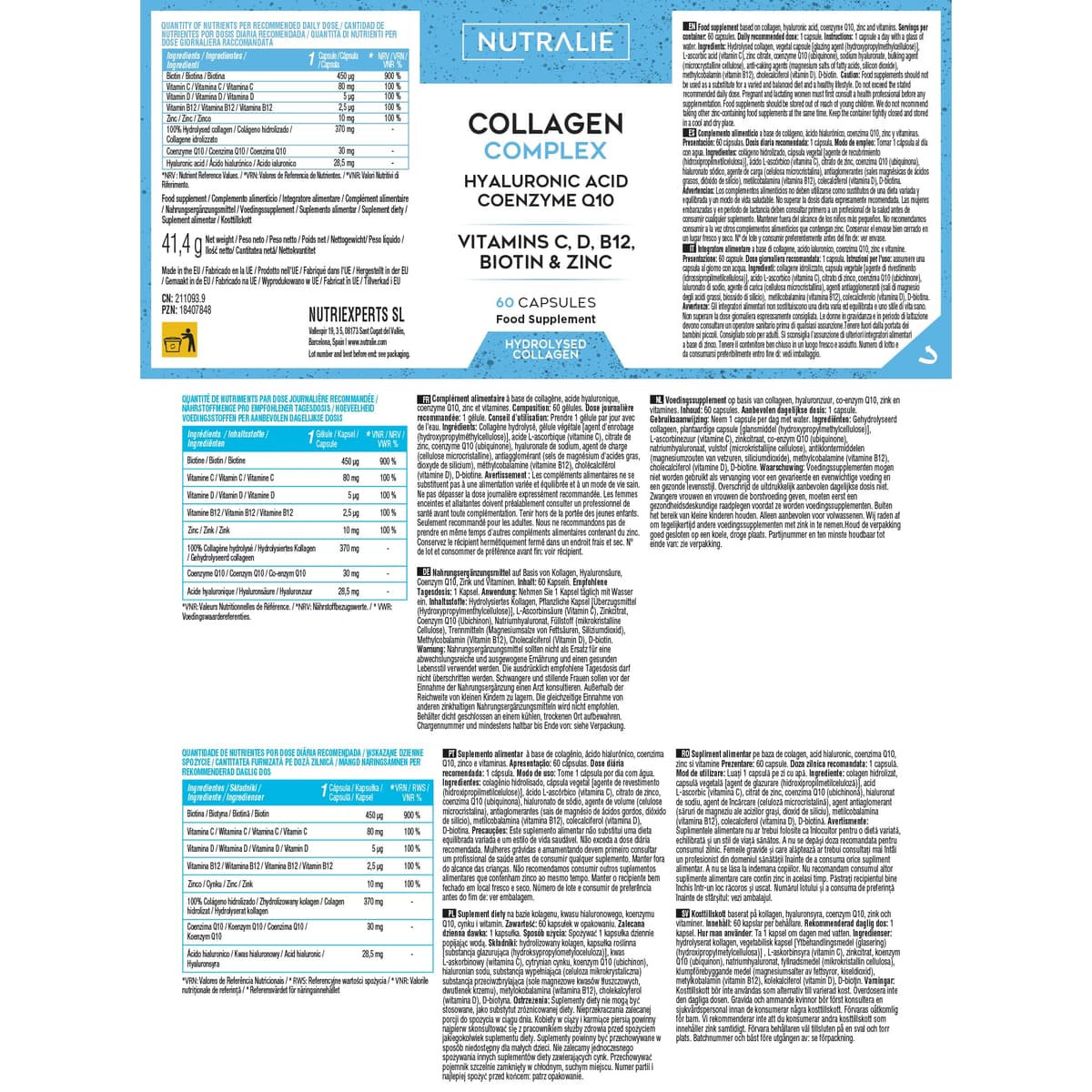 Colágeno Ácido Hialurónico - Hidrolizado + Biotina + Q10 - Piel Cartílago - Vit C D B12 y Zinc - Collagen Complex - 60 Cápsulas Nutralie — view 6