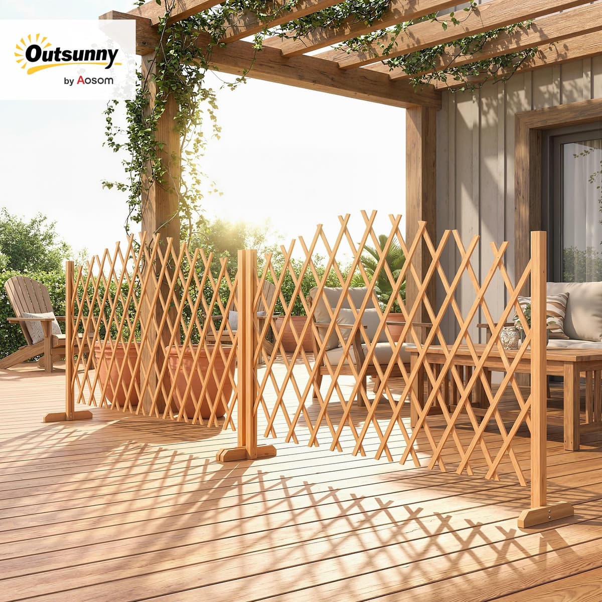 Outsunny 2 Pack Expanding Fence Panels, Wooden Freestanding Garden Fence with Adjustable Length, Stable Feet, Expandable Trellis Fencing for Indoor Outdoor Patio, 180 x 30 x 103cm, Brown — view 2