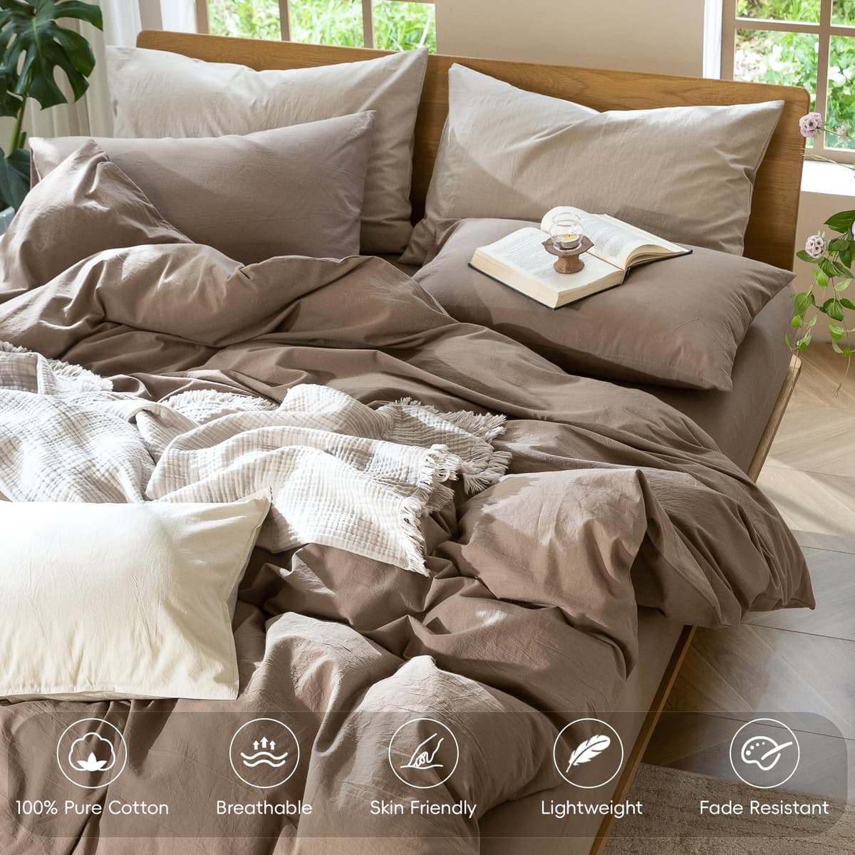 MooMee Bedding Duvet Cover Set 100% Washed Cotton Linen Like Textured Breathable Durable Soft Comfy (Tannish Linen Grey, King) — view 247