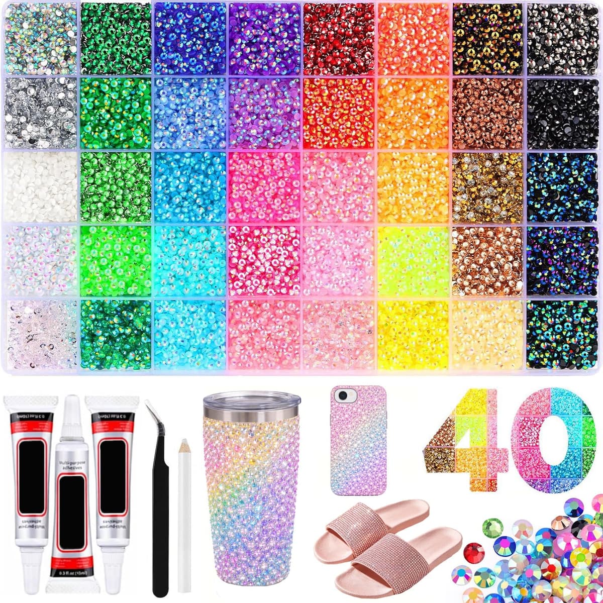 40000Pcs 40 Colors DIY Resin Jelly Rhinestones Bedazzling Kit 3mm Small, Rhinestone Kit for Bedazzling Flatback Gems, for Clothes Nail Book Diamond Art, with 3pcs Jewelry Glues (40 Color)