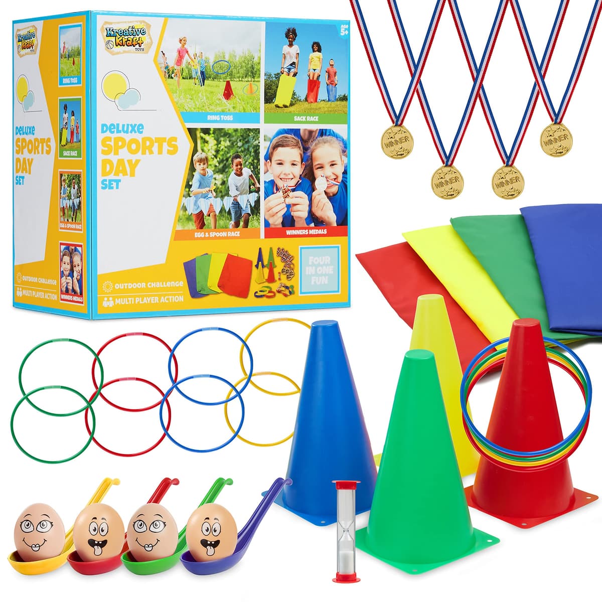 KreativeKraft Kids Games Outdoor Play Equipment for Kids Adults Family Garden Toys Sports Day Kit Egg and Spoon Race Ring Toss Sack Race Bean Bag Snakes and Ladders