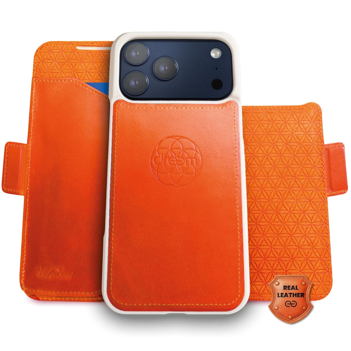 dreem Real Leather Wallet Case for iPhone 17 Pro Max, Revolutionary Vert/Hor Phone Stand, Magnetic Detachable Flip Cover RFID Blocking Card Holder, MagSafe-Fit, Gift Box [Fibonacci: Orange]