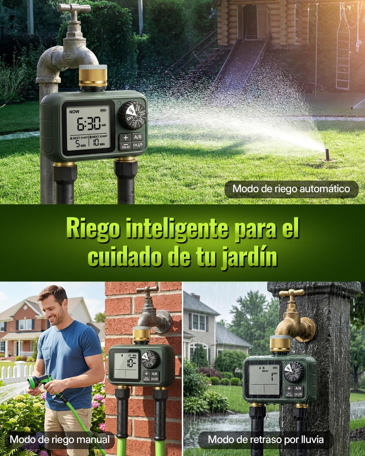 2 Valve Irrigation Programmer, Automatic Irrigation Computer, Timer for Garden Hose Tap, Rain Delay Function, Patio and Lawn, Dark Green — view 7