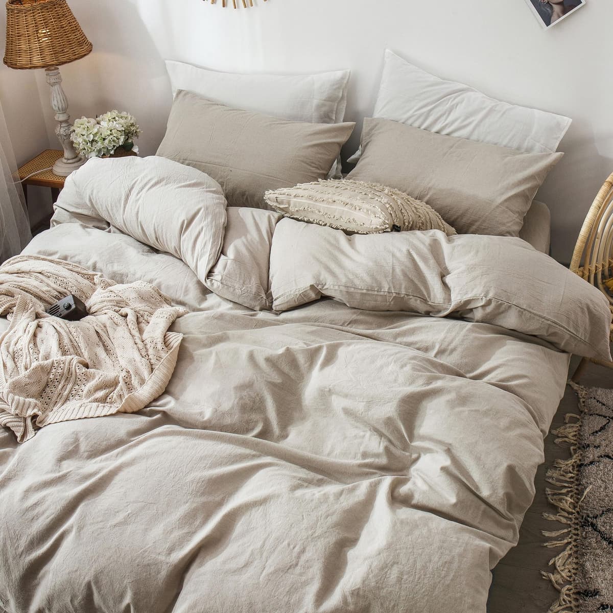 MooMee Bedding Duvet Cover Set 100% Washed Cotton Linen Like Textured Breathable Durable Soft Comfy (Tannish Linen Grey, King) — view 30