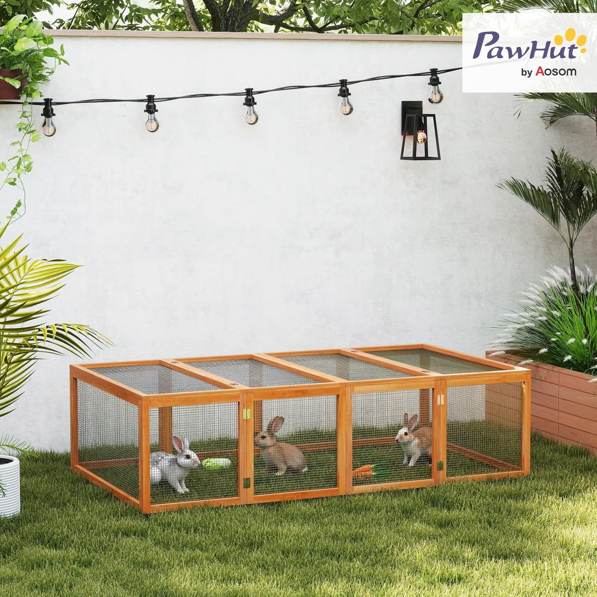 Pawhut Rabbit Run Wooden Rabbit Hutch Cage 6ft with Wire Mesh, Openable Roof, Play Space for Outdoor, 181 x 100 x 48 cm, Natural Wood Finish — view 2