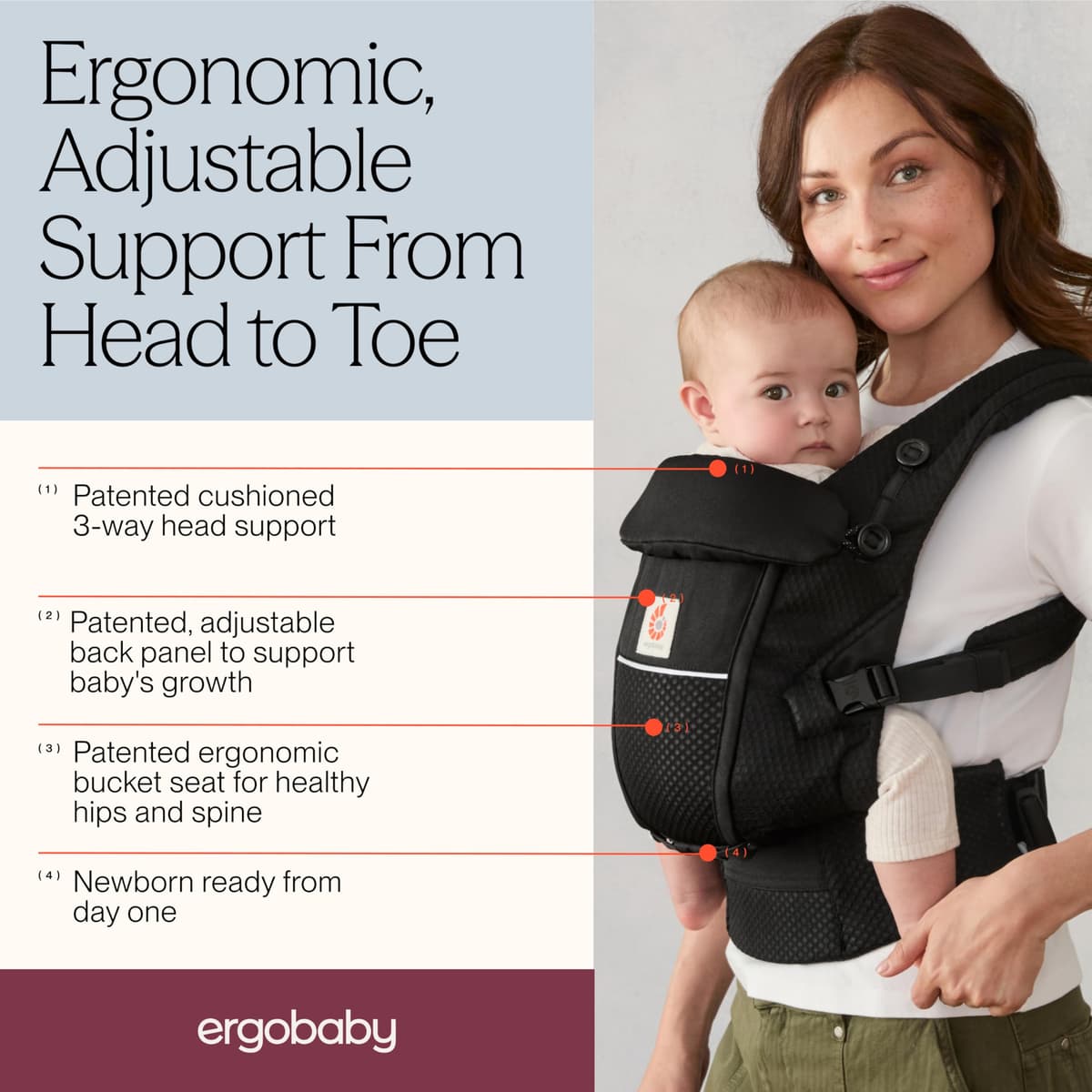 Ergobaby Adapt Baby Carrier for Newborns from Birth, 3 Positions, SoftFlex Mesh, Ergonomic Baby Belly Carrier, Back Carrier, Baby Carrier, Onyx Black — view 2