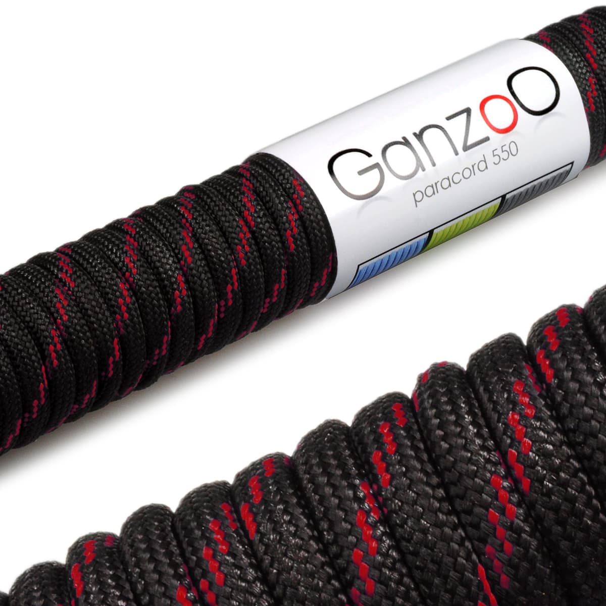 Ganzoo Paracord 550 Tipo 3 Cuerda 4 mm Negro Rojo, 30 m, 7 hebras internas, Funda Poliester/Nylon, Lavable y Ligera, para Pulseras, llaveros, Collar y Correa de Perro, Camping y Bricolaje