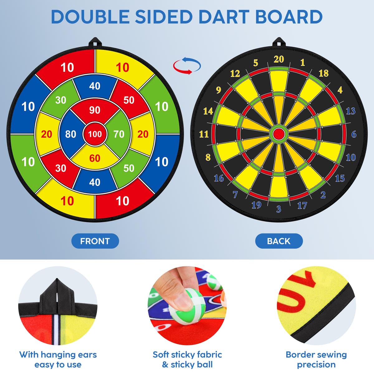 Kids Dart Board Set,Double Sided Dart Board,12 Sticky Balls,6 Darts,Indoor & Outdoor Party Games Toys Gifts for 3 4 5 6 7 8 9 10 11 12+ Year Old Boys Girls Adult — view 3