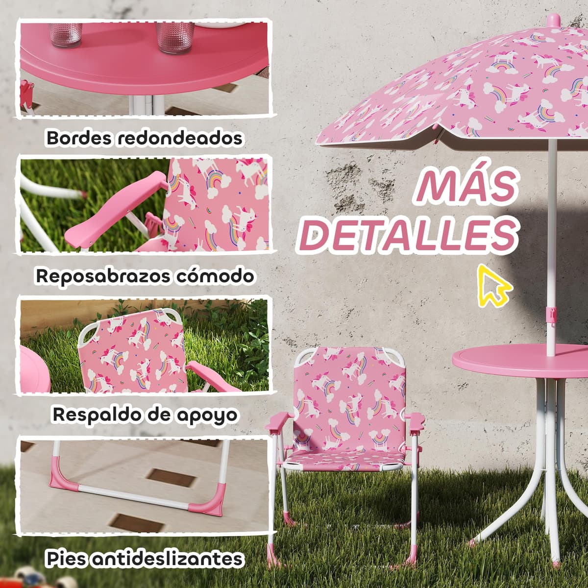 AIYAPLAY Conjunto de Mesa y Sillas Infantil de Jardín de 4 Piezas, Mesa Infantil con Sillas Plegables, Sombrilla Desmontable, Diseño de Unicornios y Arcoíris, para Patio, Pícnic, Rosa — view 5