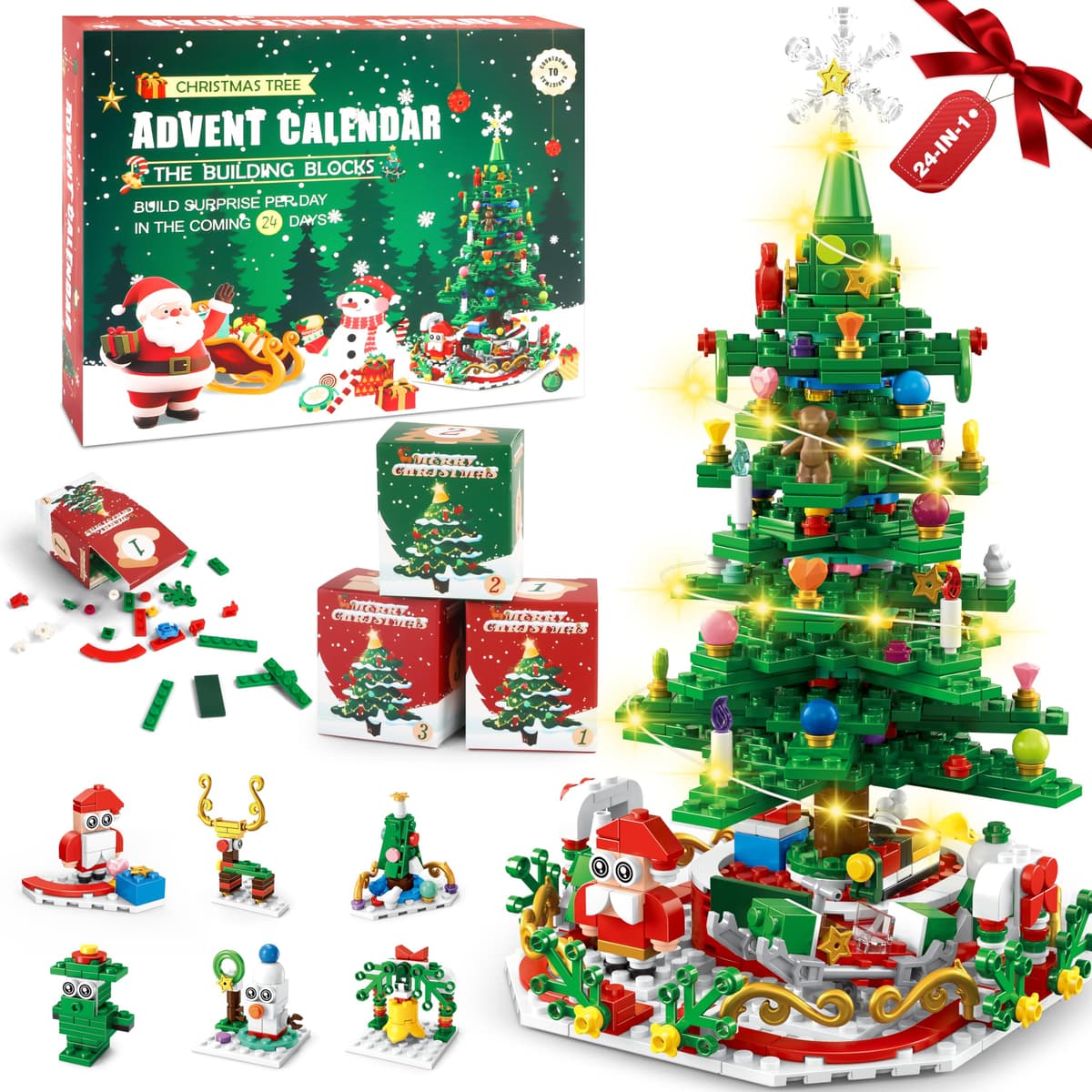 MOMOSTAR Calendario Adviento 2025, LED Bloques de Construcción con Árbol de Navidad 701 Piezas, Calendario Adviento Juguetes 24 in 1, Navidad Decoración Regalo para Niños Adultos partir de 6 años