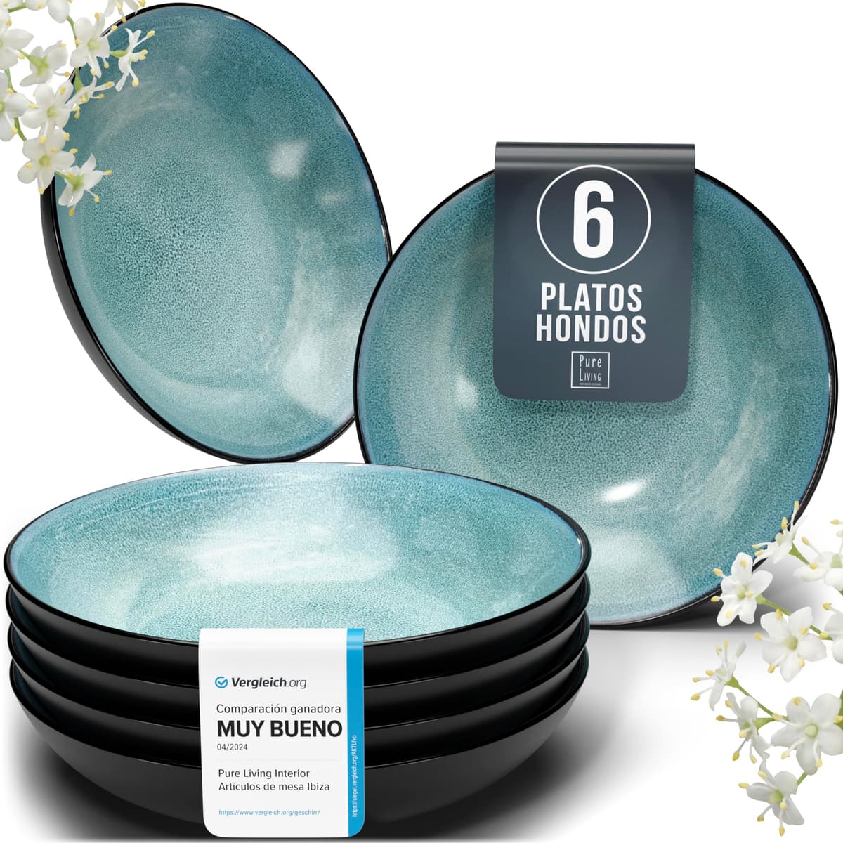 Juego de 6 platos hondos Ibiza – gres premium, resistente a los arañazos, apto para lavavajillas, microondas – Elegante juego de platos hondos – Platos de pasta hondos grandes – Pure Living vajilla — view 44