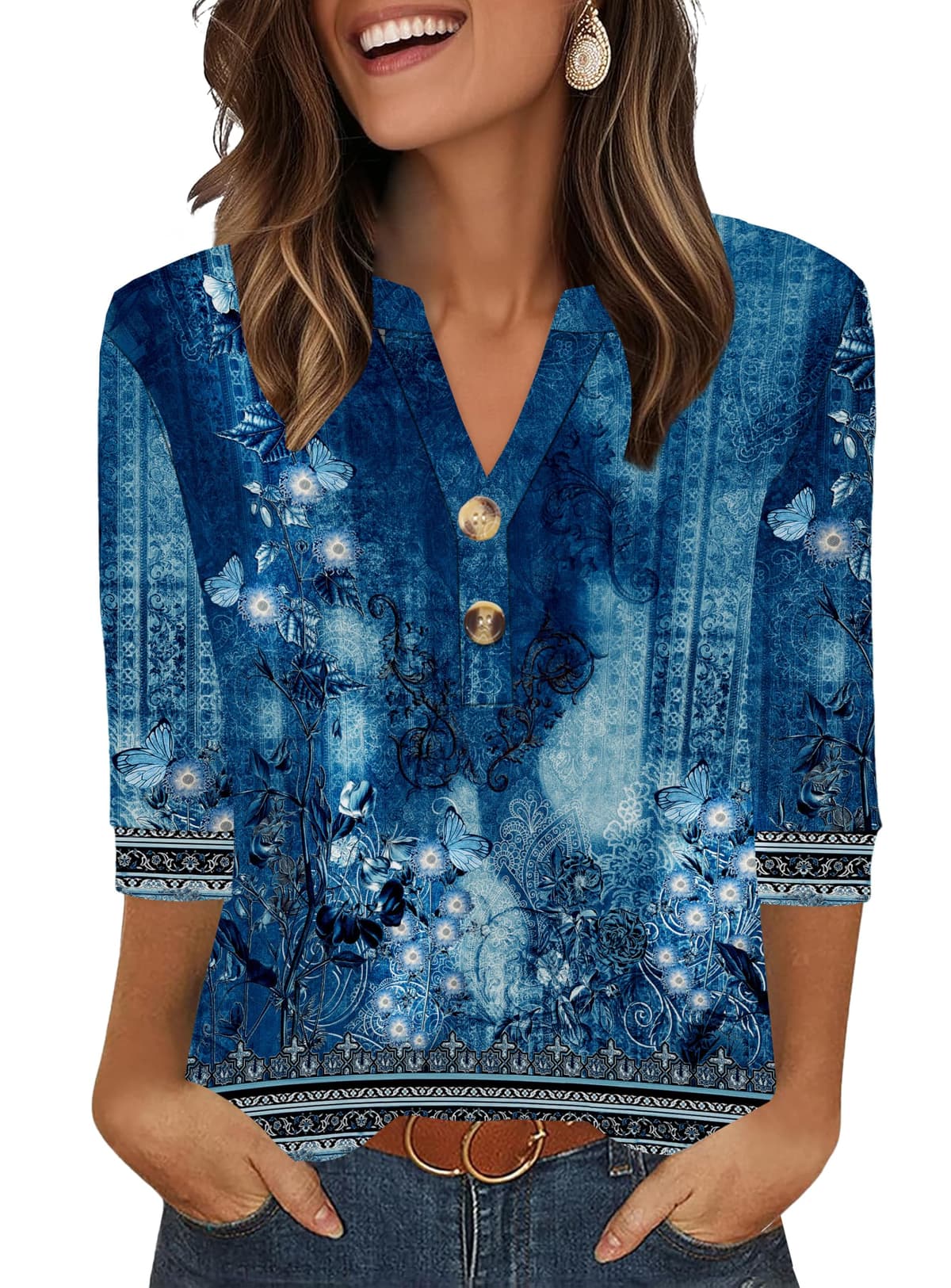 Aokosor Womens 3/4 Sleeve Tops Ladies Blouse V Neck Tunic Long Sleeve T Shirts Curved Hem Office Wear — view 17