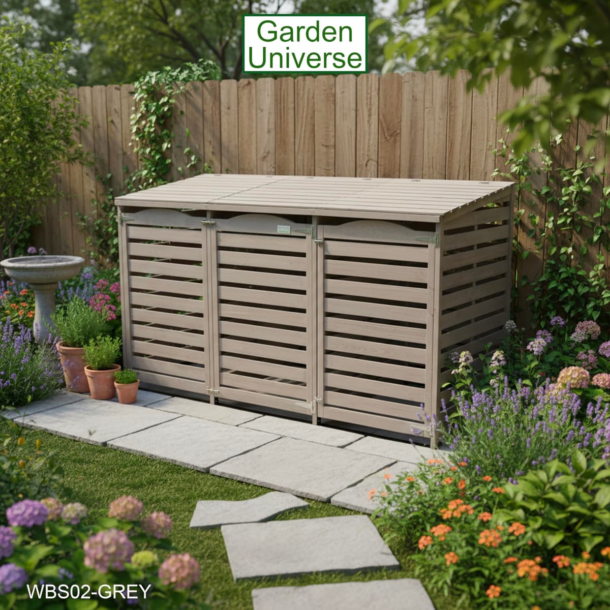 Wheelie Bin Storage Unit Triple Three Bins Garden Universe Outdoor 3 Wheelie Bin Storage In Grey WBS02-GREY — view 3