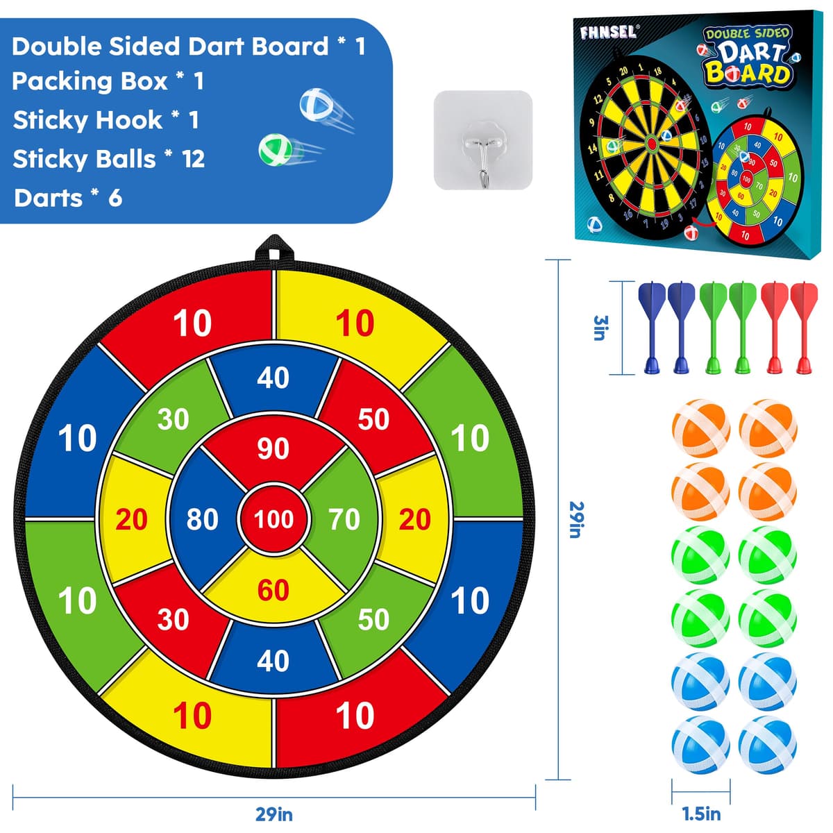 Kids Dart Board Set,Double Sided Dart Board,12 Sticky Balls,6 Darts,Indoor & Outdoor Party Games Toys Gifts for 3 4 5 6 7 8 9 10 11 12+ Year Old Boys Girls Adult — view 2