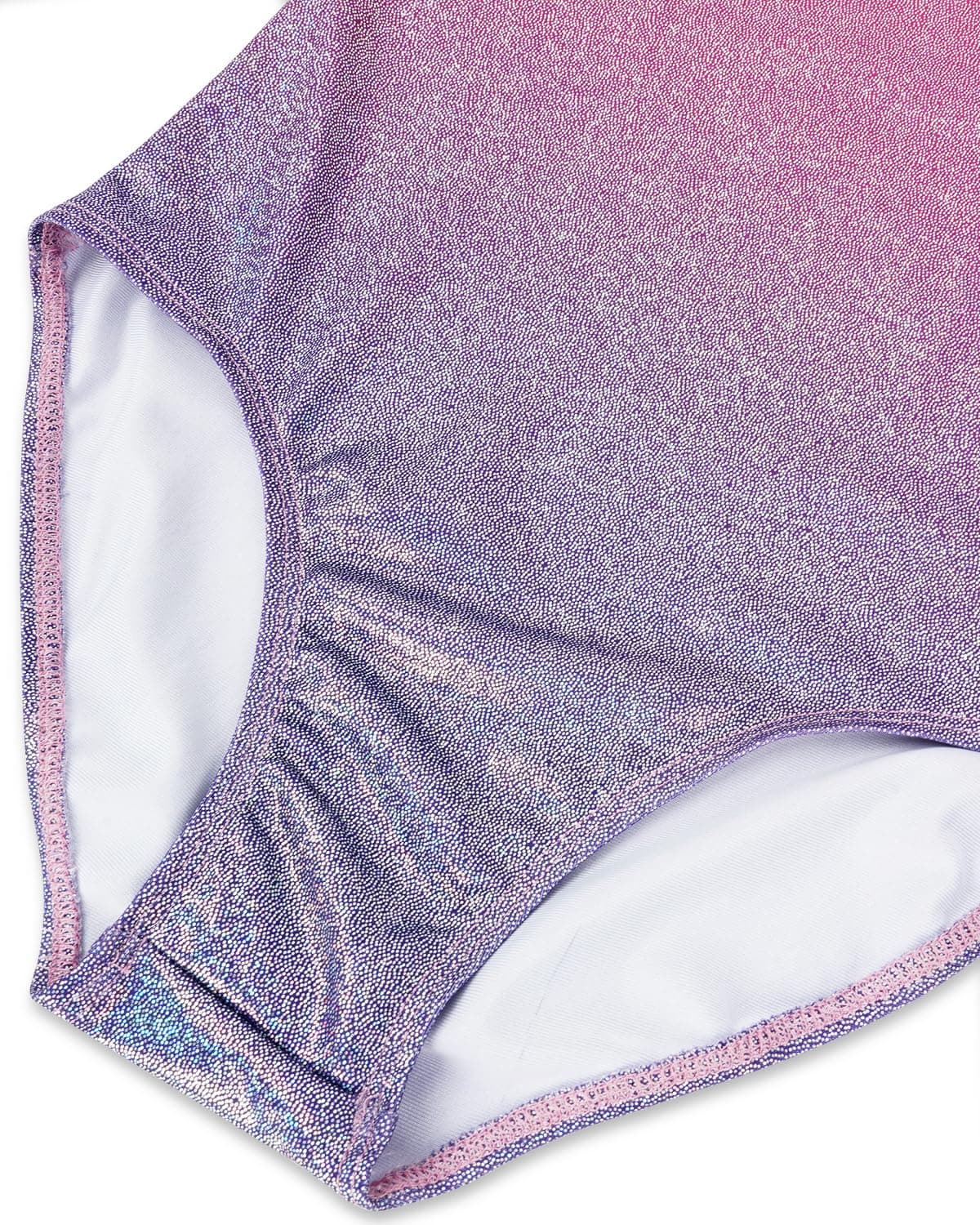 Gogokids Conjunto de gimnasia de tres piezas para niña, cuello en Y, sin mangas, con pantalones cortos y diadema, traje de gimnasia con diseño de bloques de color azul y morado, 3-12 años — view 4