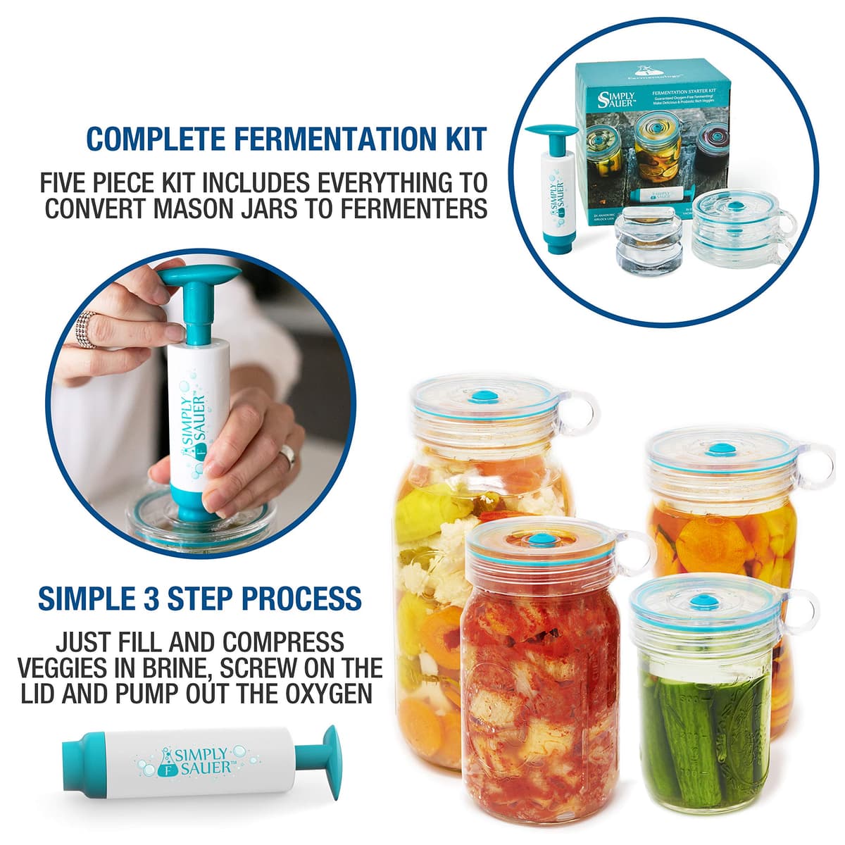 Fermentology Kit de Fermentación para Principiantes Simply Sauer - Compatible con Tarros de Boca Ancha - Incluye Pesas, Tapas, Bomba — view 3
