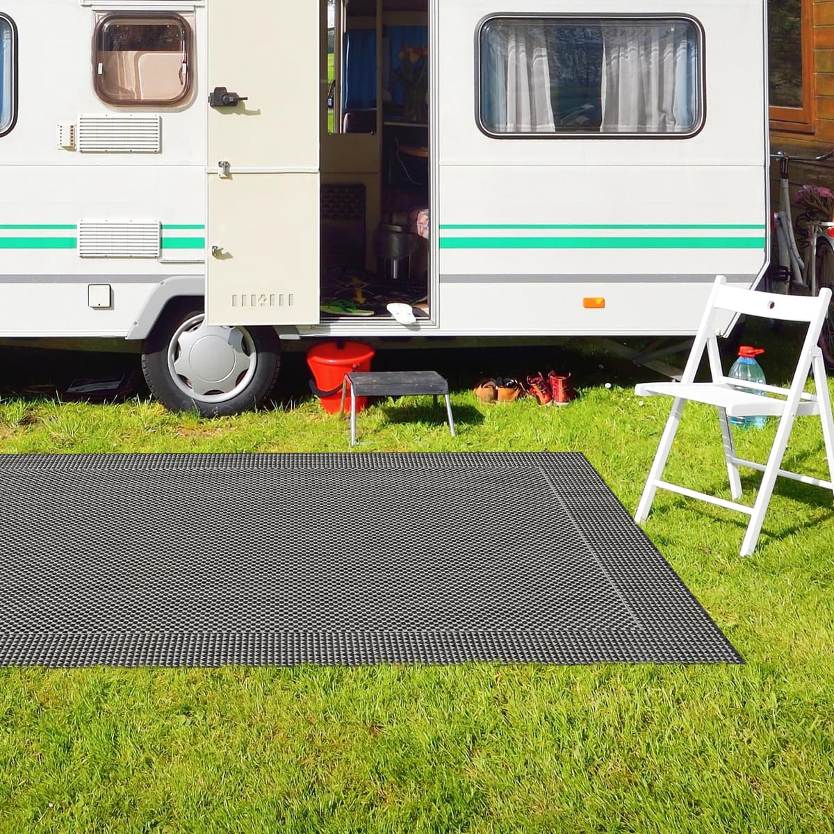 homeart Outdoor Rugs | Easy-Cleaning Indoor & Outdoor Area Rugs for Porch, Deck, Balcony, Garden, Picnic, Kitchen, Hallway | UV & Weather-Resistant Large Patio Rug Mats | Anthracite Cream 80 x 150 cm — view 4