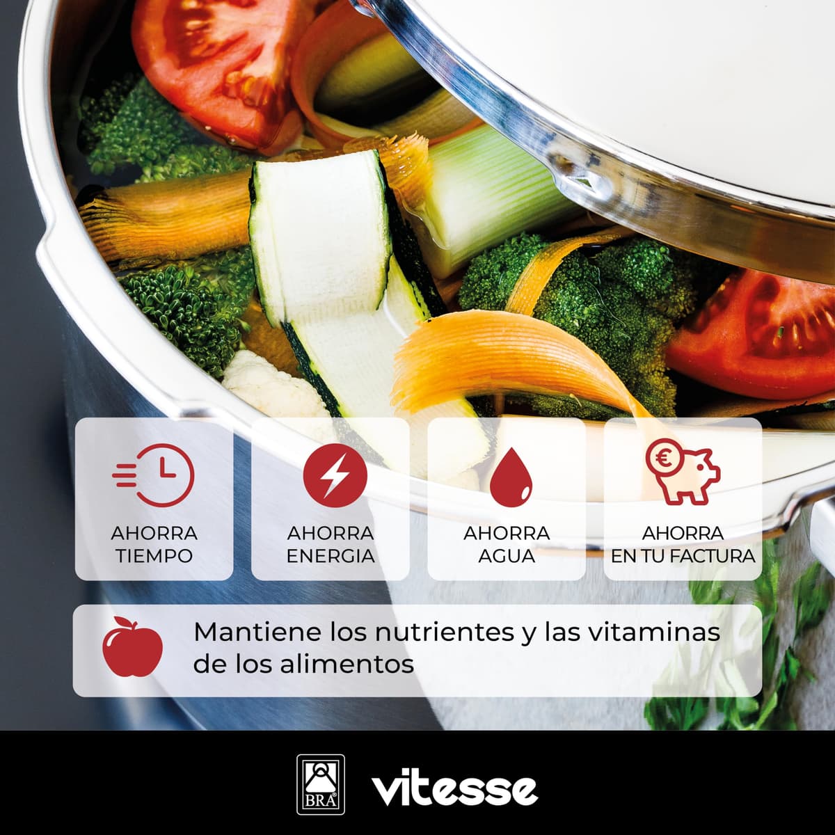 BRA Vitesse Olla Express de 6 Litros, Fabricada en Acero Inoxidable 18/10, Con 2 Programas de Cocción y Sistema de Bloqueo de Apertura, Aptas para Todo Tipo de Cocinas — view 5