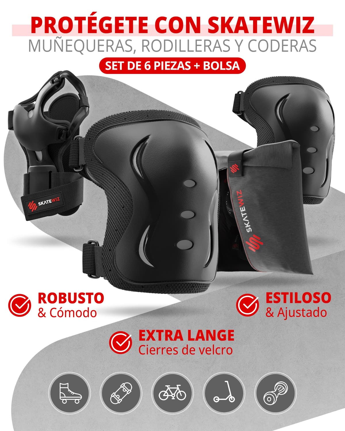 SKATEWIZ Protecciones Patines Set - Para Niño, Niña, Adolescentes y Adultos [6 piezas] con Rodilleras y Coderas Muñequeras - Protecciones Patines Niño — view 3