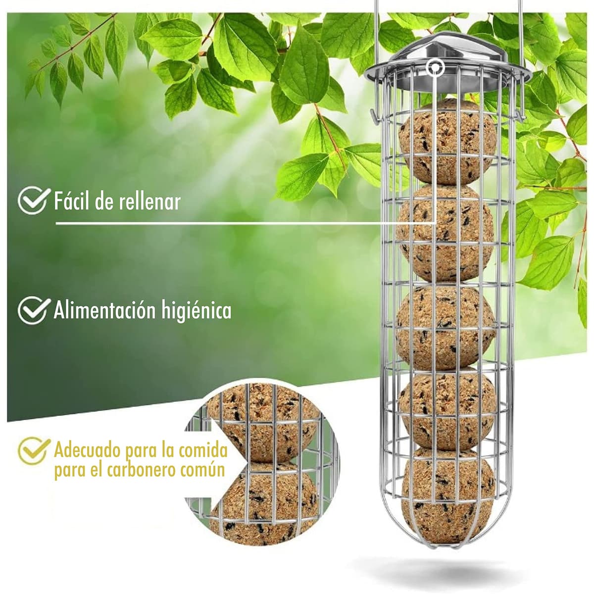Wildtier Herz Soporte de Comida para Aves Silvestres, Comedero para pájaros, Soporte para Bolas de Grasa, 31cm de Acero Inoxidable Alemana, Color Plateado — view 2