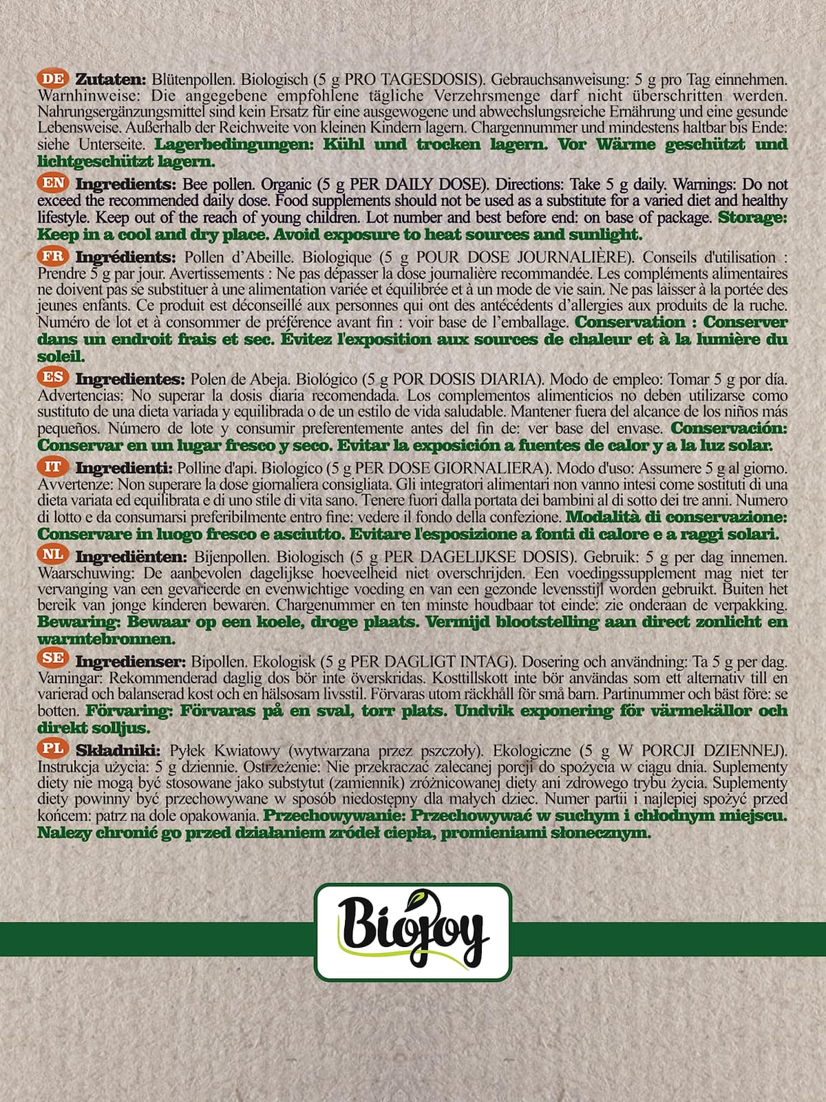 Biojoy Polen de Abeja Ecológico (500 g), Polen de Flores en Gránulos, Natural, Ideal para Comer — view 4