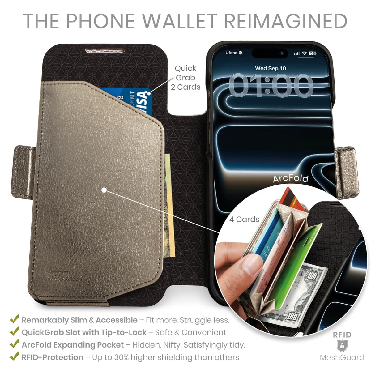 dreem Wallet Case for iPhone 17 Pro Max, Revolutionary Vert/Hor Phone Stand, Magnetic Detachable Vegan Leather Flip Cover RFID Blocking Card Holder, MagSafe-Fit, Gift Box [Fibonacci: Metal] — view 2
