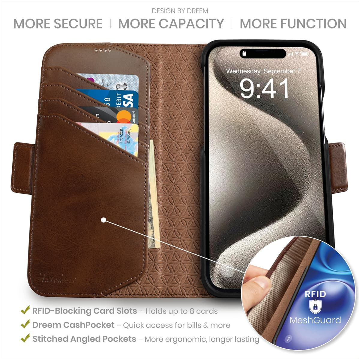 dreem Wallet Case for iPhone 15 Pro Max, Revolutionary Vert/Hor Phone Stand, Magnetic Detachable Vegan Leather Flip Cover RFID Blocking Card Holder, MagSafe-Fit, Gift Box [Fibonacci: Chocolate] — view 2