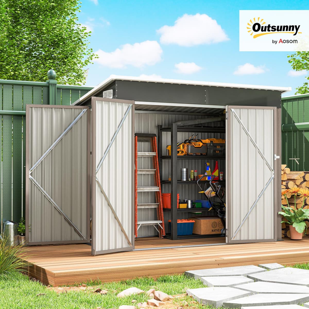Outsunny 7.5 x 4.3ft Metal Garden Storage Shed, Waterproof Outdoor Shed with Triple Lockable Door, Gloves, Vents and Pitched Roof, Tools Bike Storage for Garden, Patio, Courtyard, Light Grey — view 2