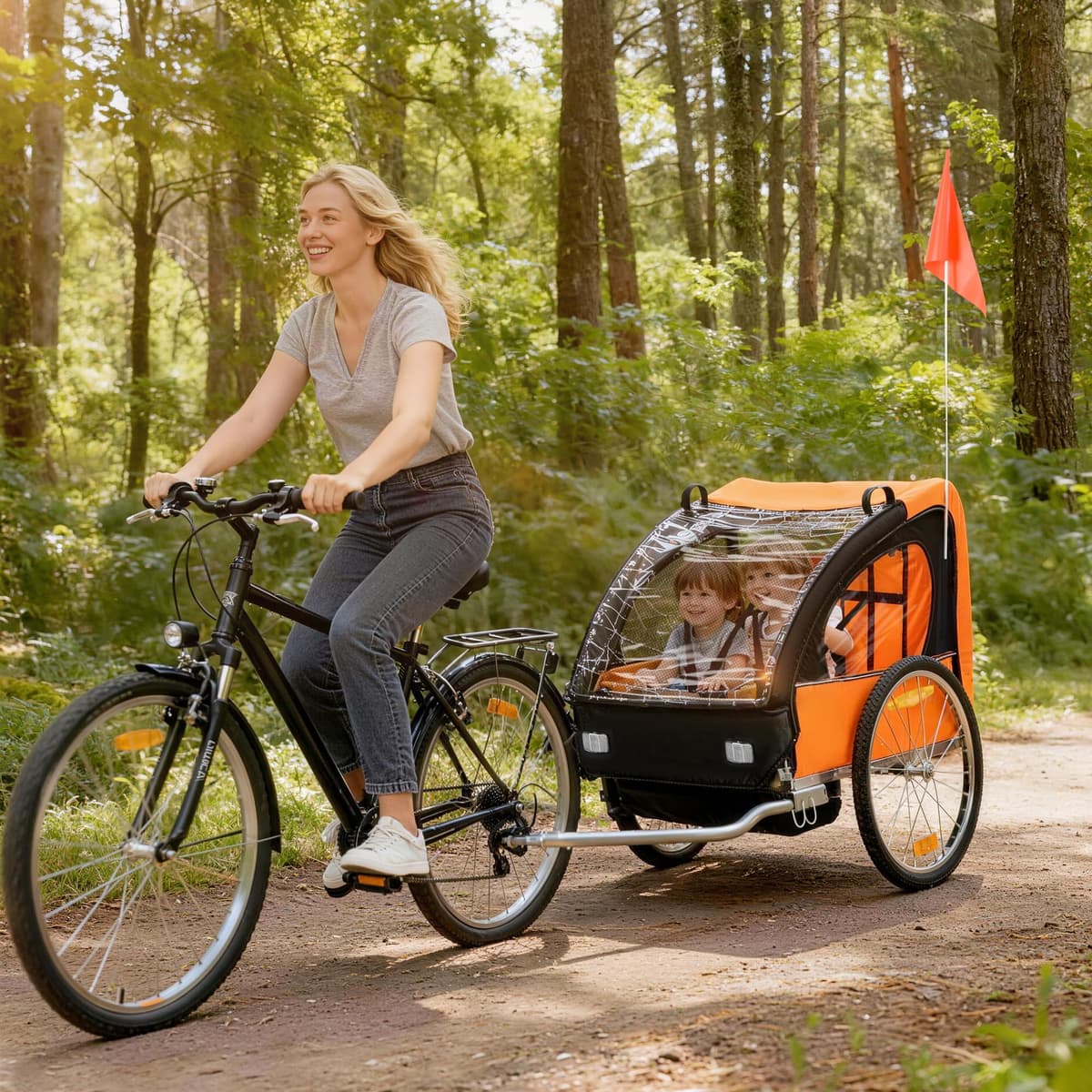 HOMCOM 2 Seat Bike Trailer Bicycle wagon for Kids Child Steel Frame Safety Harness Seat Carrier Orange Black 130 x 76 x 88 cm — view 2