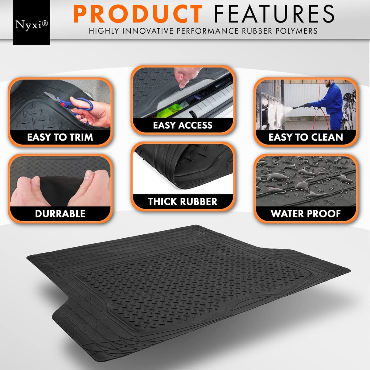 Nyxi 5 Piece Rubber Car Mat XL Boot Mat (Front + Rear + Boot Mat 137cm X 110cm) Universal Non-Slip Deep Dish Heavy Duty for Cars SUV Truck and VAN, Water Proof, All Weather — view 6
