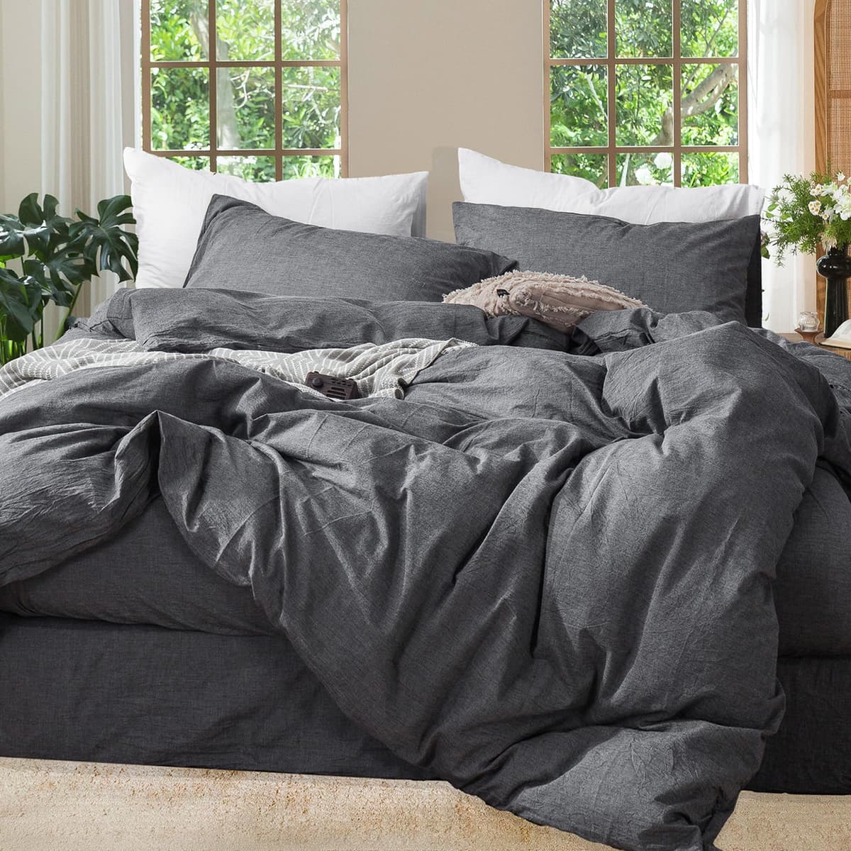 MooMee Bedding Duvet Cover Set 100% Washed Cotton Linen Like Textured Breathable Durable Soft Comfy (Tannish Linen Grey, King) — view 170