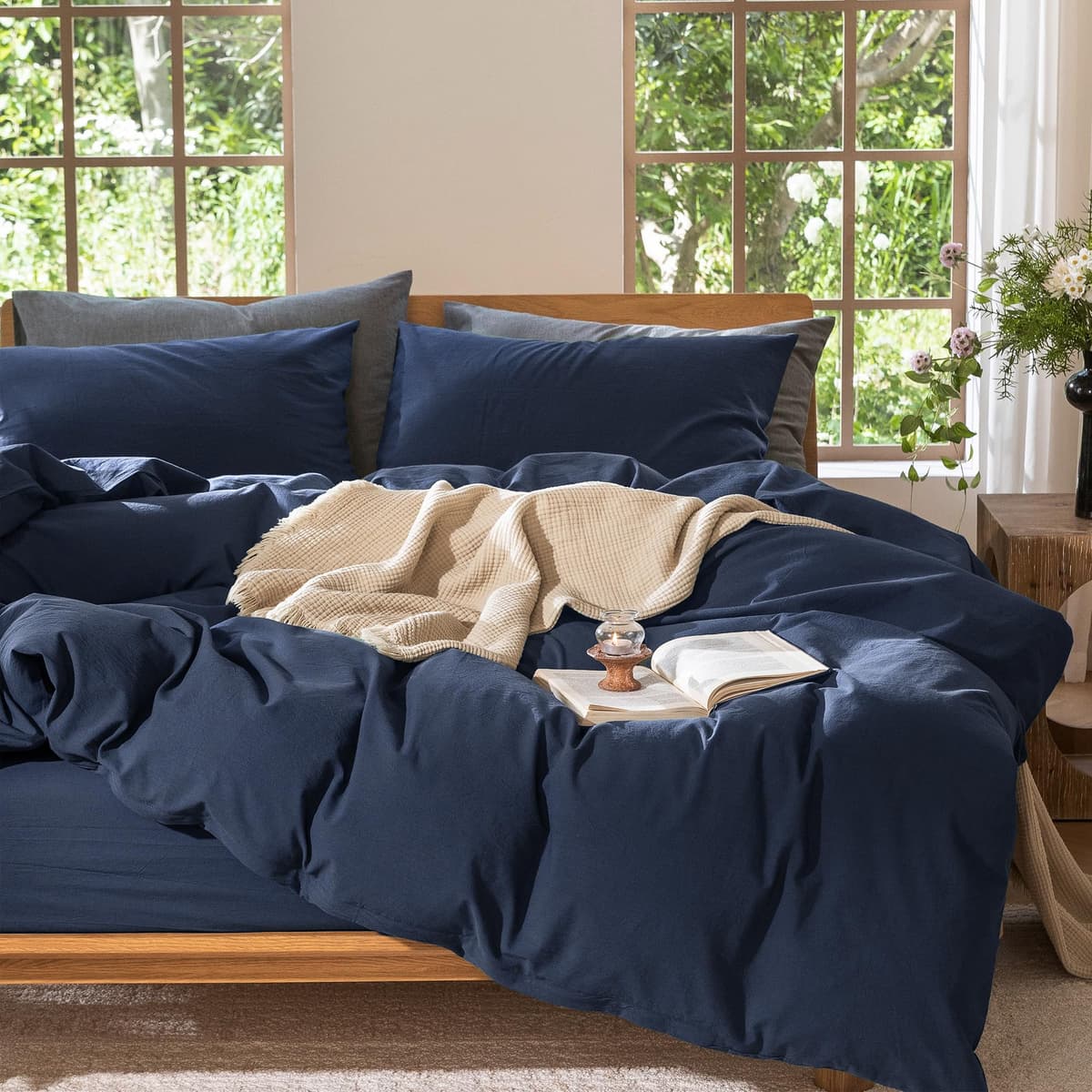 MooMee Bedding Duvet Cover Set 100% Washed Cotton Linen Like Textured Breathable Durable Soft Comfy (Tannish Linen Grey, King) — view 79