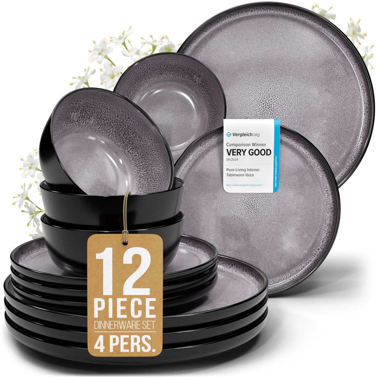 Juego de 6 platos hondos Ibiza – gres premium, resistente a los arañazos, apto para lavavajillas, microondas – Elegante juego de platos hondos – Platos de pasta hondos grandes – Pure Living vajilla — view 46