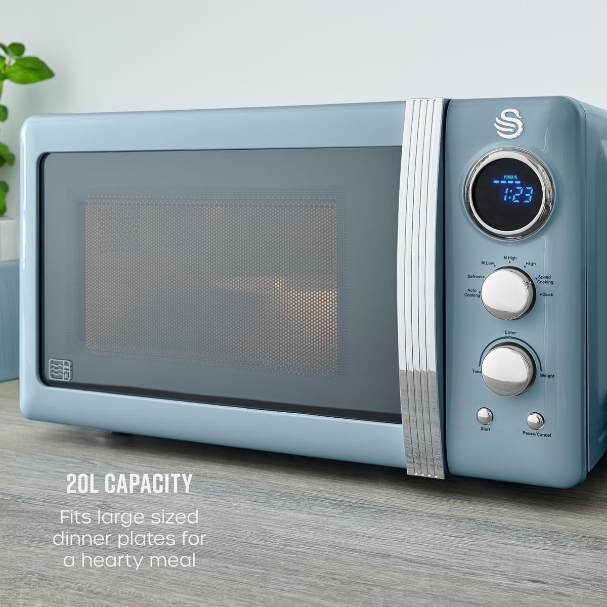 Swan Retro LED Digital Microwave Blue, 20L, 800W, 6 Power Levels Including Defrost Setting, SM22030LBLN — view 5