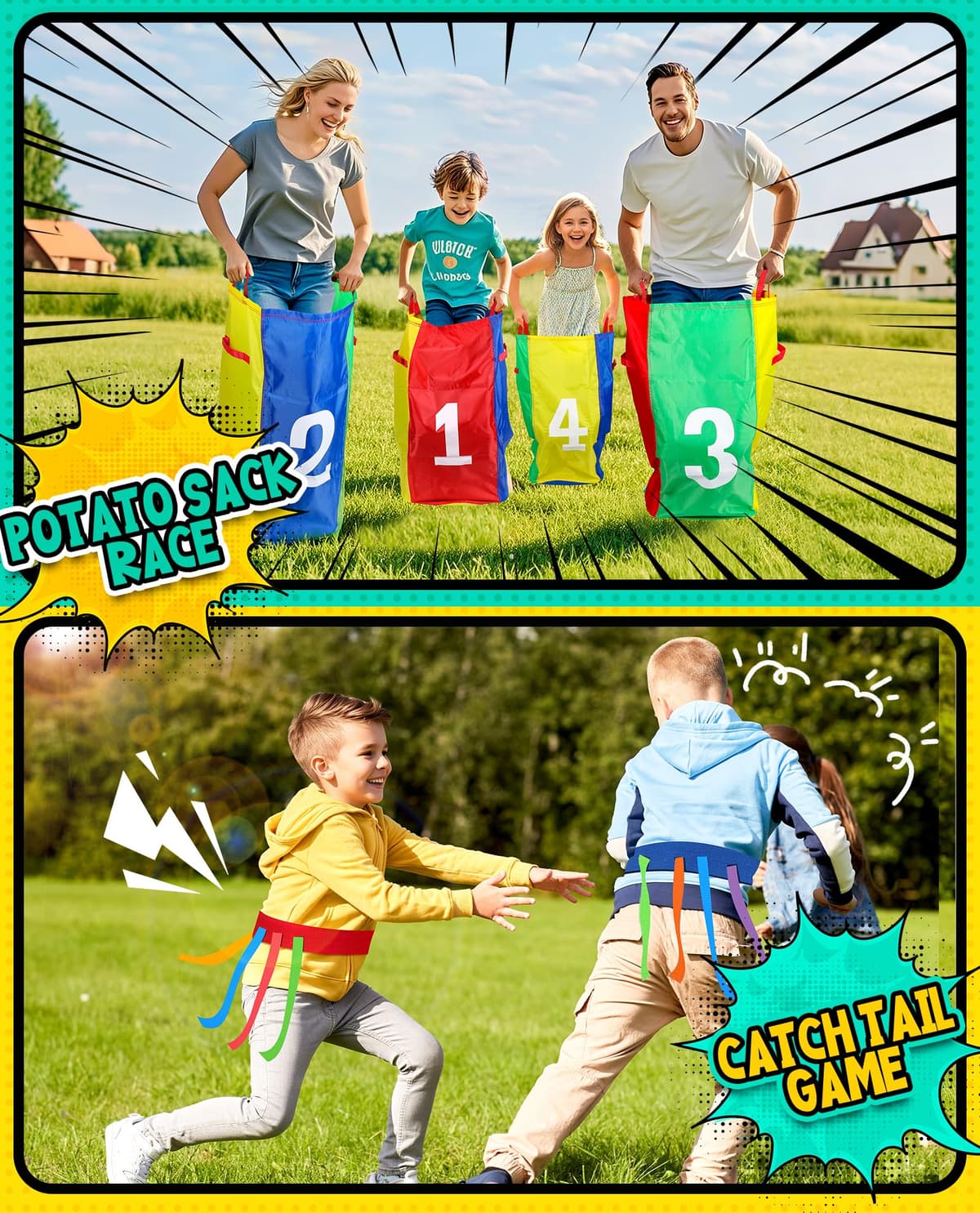 Eocolz Outdoor Carnival Games, Potato Sack Bags for Kids Adults, Egg Spoon Relay Race, 3 Legged Race Bands, Catch Tail Games, Birthday Party, Field Day Family Day Yard Lawn Easter Fall Festival Games — view 2