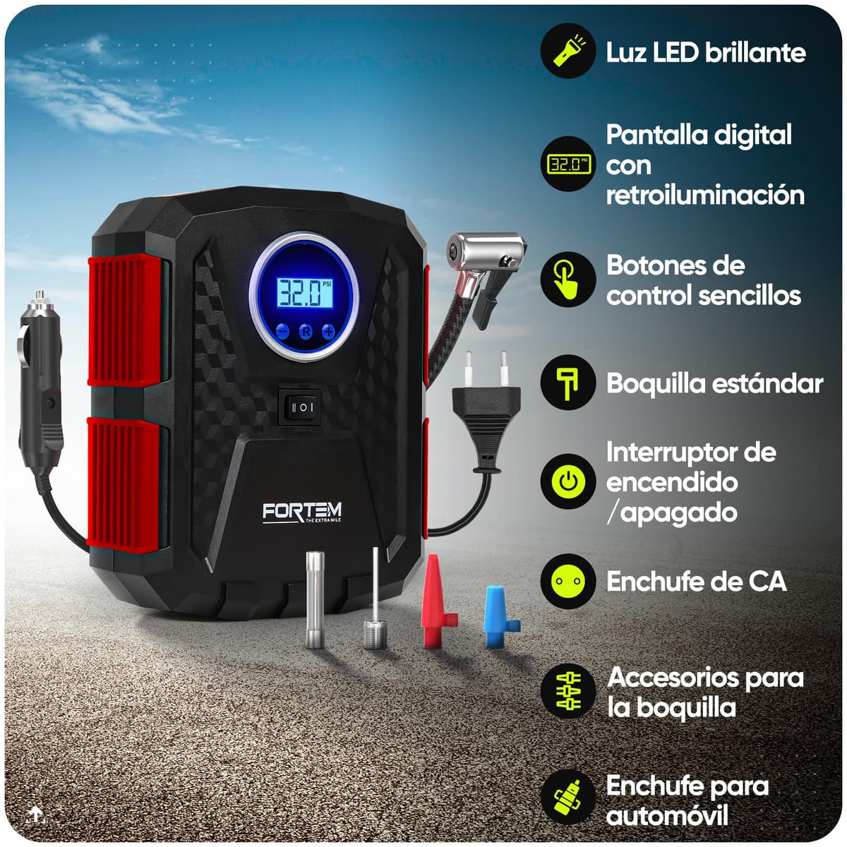 FORTEM Inflador de Ruedas de Coche, Compresor de Aire - Manómetro Digital, Autobombeo, Parada Automática - Bolsa de Transporte — view 2