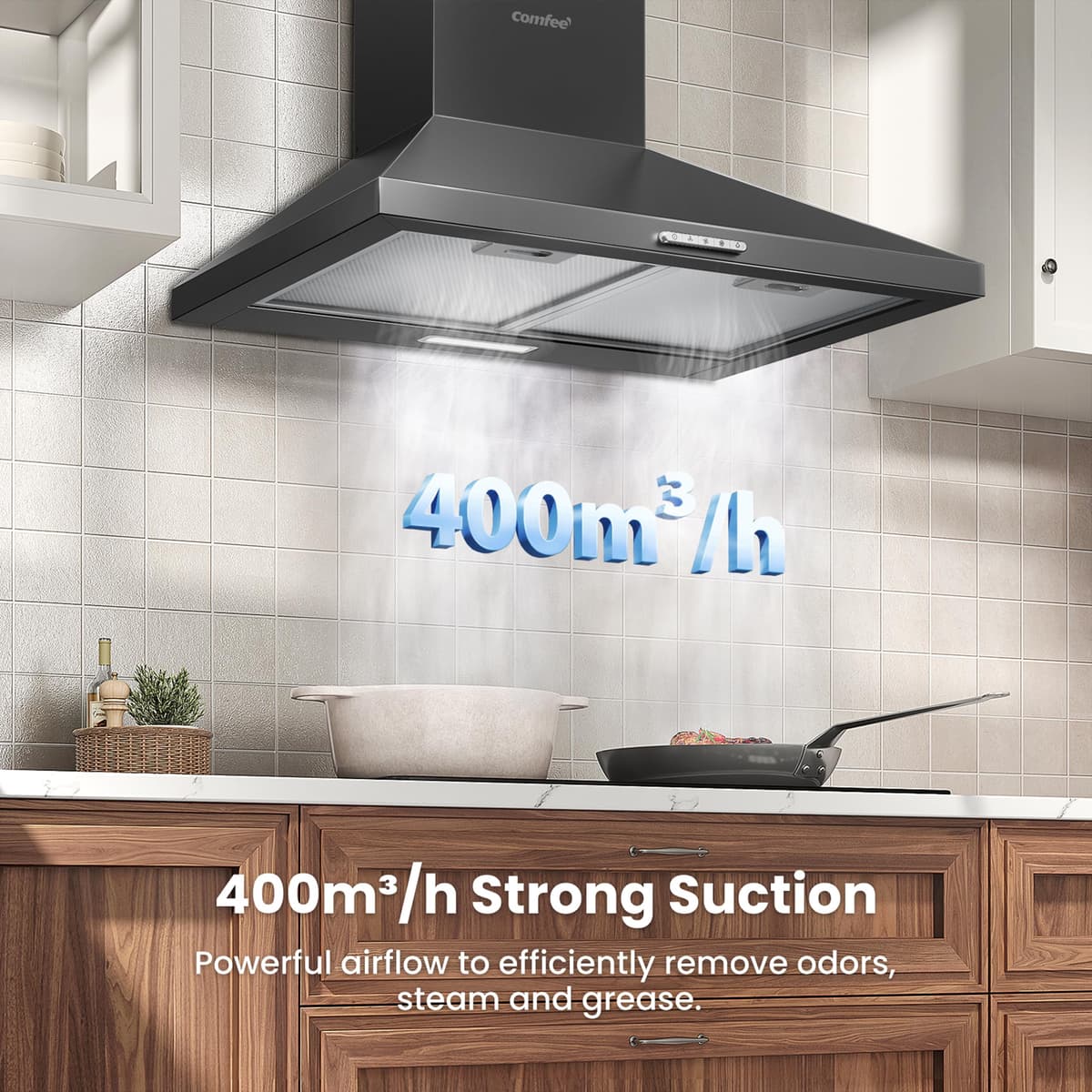 COMFEE' 60 cm Chimney Cooker Hood PYRA17B-60 with LED and Recirculating & Ducting System Wall Mounted Range Hood 600 mm Extractor Fan Kitchen - Black — view 2