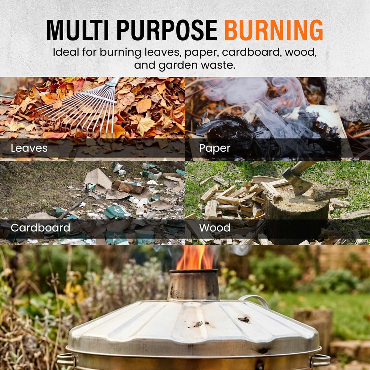 Galvanised Incinerator Bin Fire Bin Burning Bin Designed for Garden Woods Leave Heavy Duty with Lid and Stable legs stands (15L) — view 4