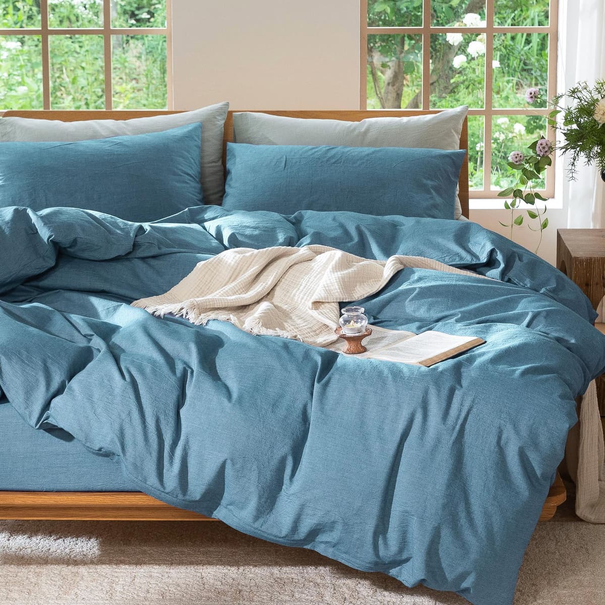 MooMee Bedding Duvet Cover Set 100% Washed Cotton Linen Like Textured Breathable Durable Soft Comfy (Tannish Linen Grey, King) — view 108