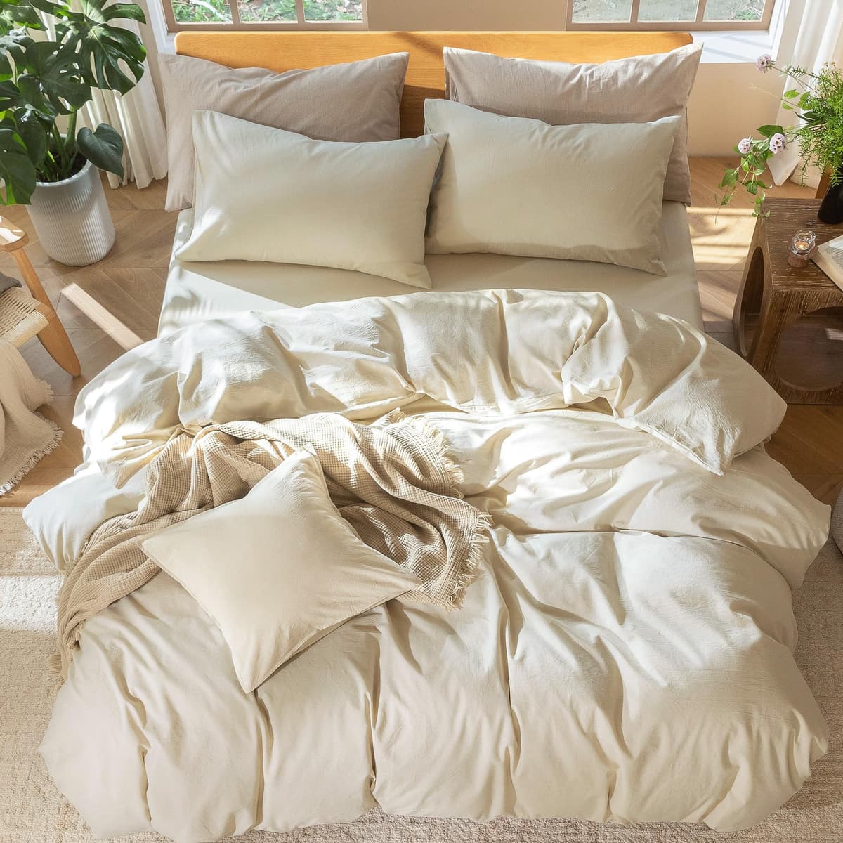 MooMee Bedding Duvet Cover Set 100% Washed Cotton Linen Like Textured Breathable Durable Soft Comfy (Tannish Linen Grey, King) — view 256