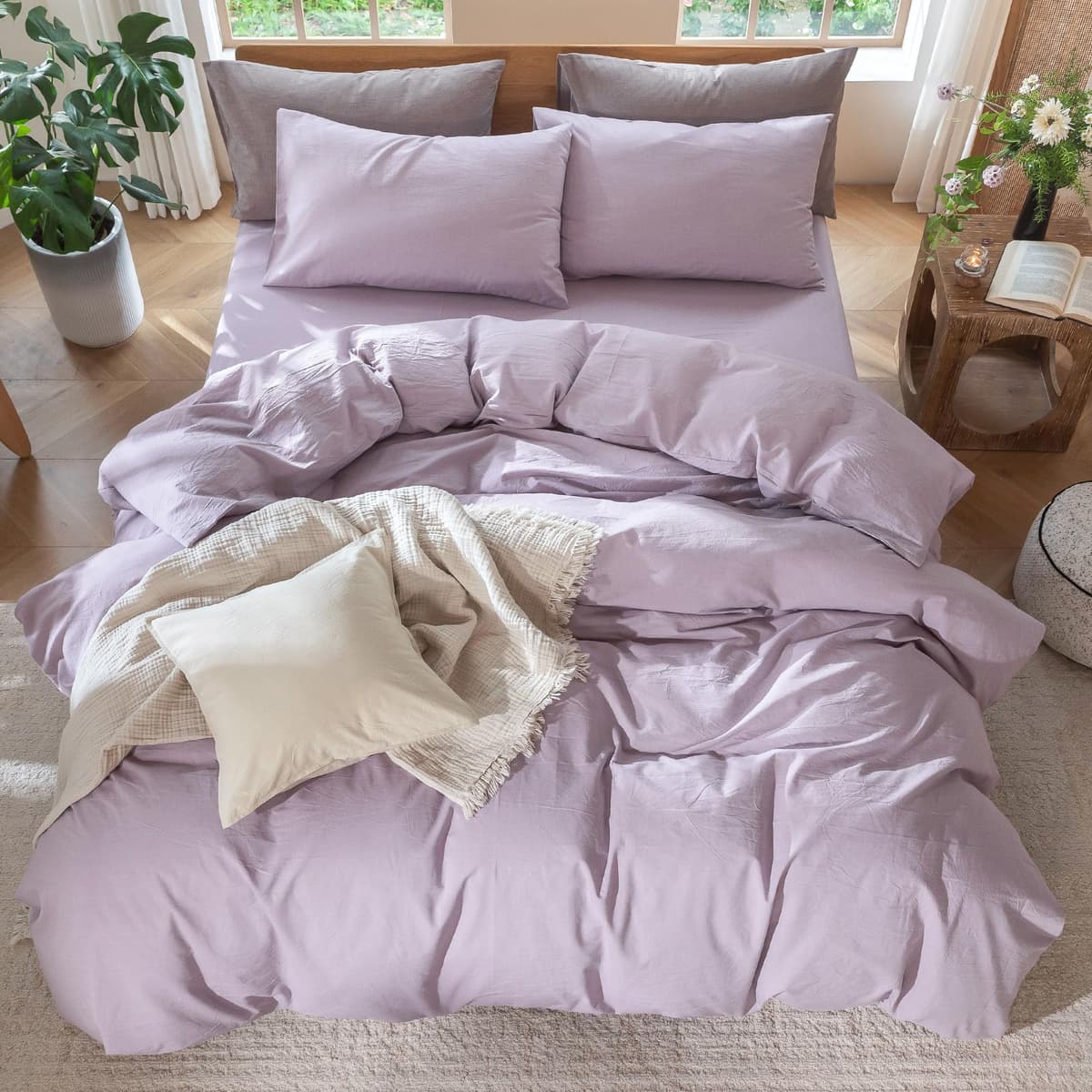 MooMee Bedding Duvet Cover Set 100% Washed Cotton Linen Like Textured Breathable Durable Soft Comfy (Tannish Linen Grey, King) — view 228