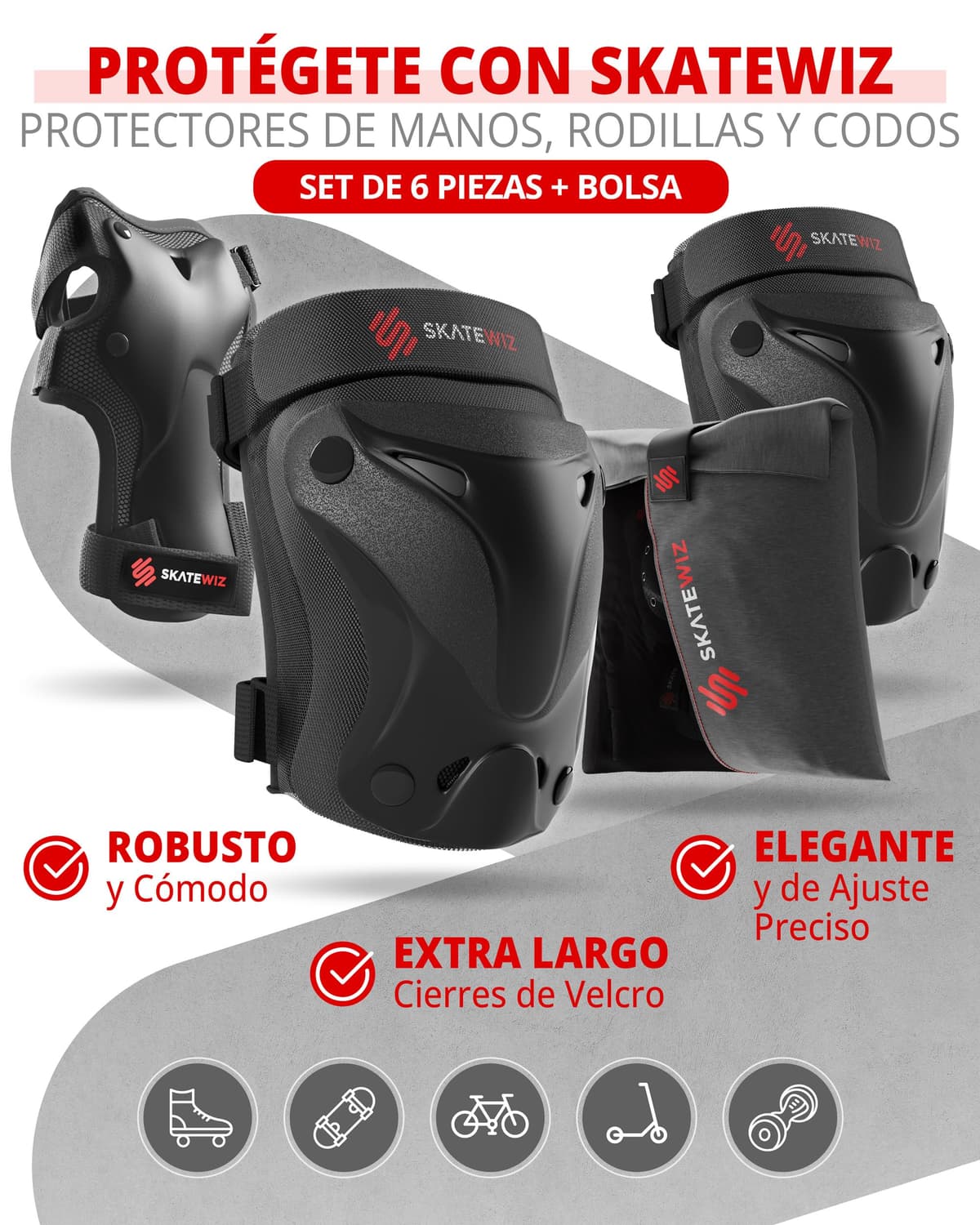 SKATEWIZ Protecciones Patines Niña, Niño e Adulto [6 piezas] Rodilleras y Coderas Niño Patinaje, Patines, Rodilleras Para Niños - Marca Alemana — view 3