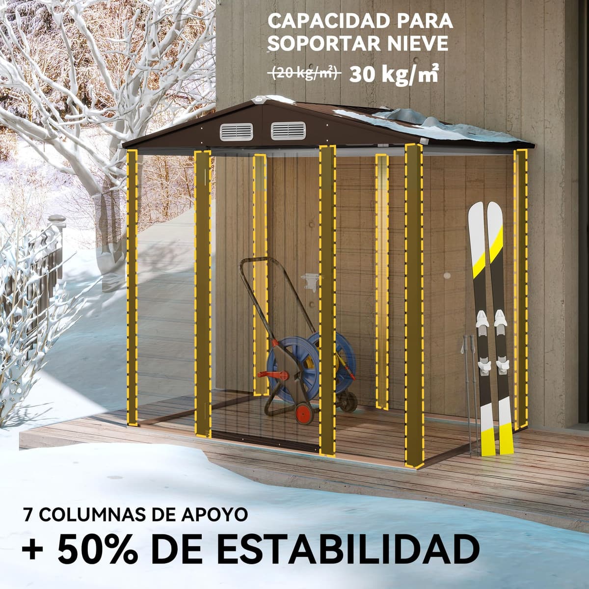 Outsunny Caseta de Jardín Exterior, 2,27 m² 190x131x188 cm, Cobertizo de Jardín Exterior Metálico con 2 Ventilaciones, Puerta con Cerradura, para Almacenamiento de Herramientas, Roble — view 4